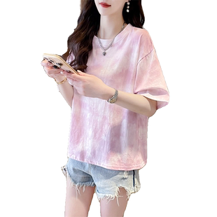 小众设计感纯棉t恤女短袖夏季韩版宽松大码短款小个子扎染上衣潮