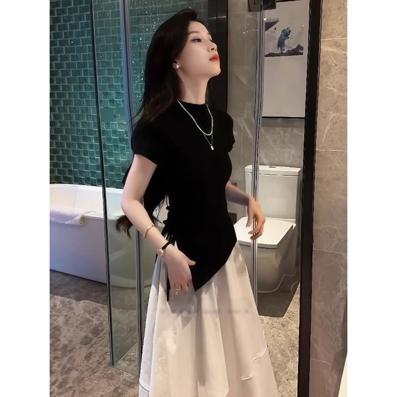 高级感不规则开叉正肩t恤女短袖