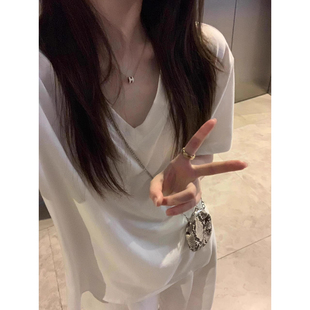 正肩v领纯棉t恤女短袖 体恤上衣 夏季 设计感小众宽松显瘦慵懒风半袖