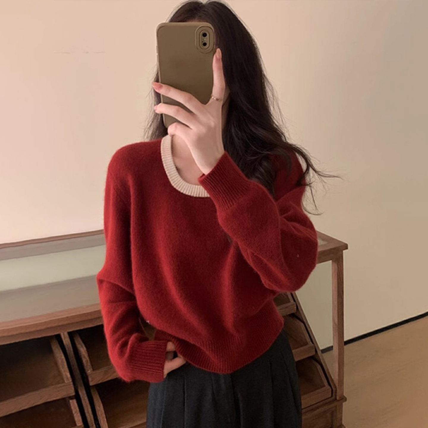 韩系氛围感圣诞红色套头毛衣女潮