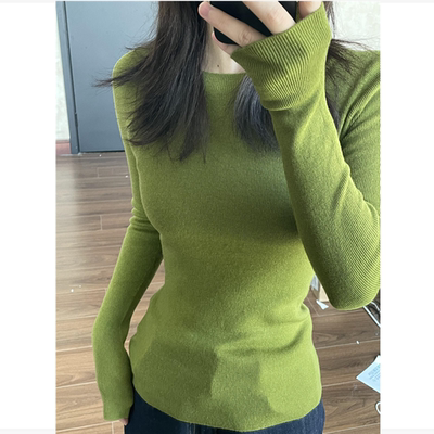 牛油果绿圆领正肩针织打底衫女潮