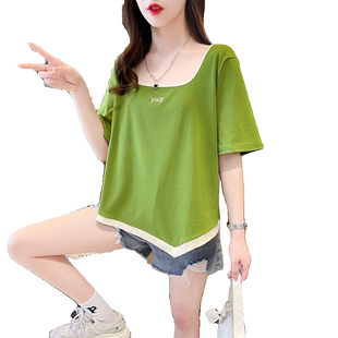设计感小众短袖t恤女夏韩版宽松大码女装百搭不规则正肩方领上衣