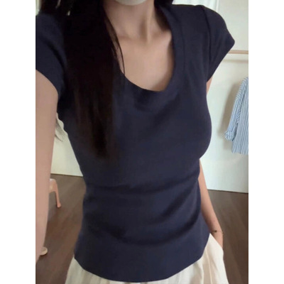 藏蓝色正肩u领辣妹收腰短袖t恤女