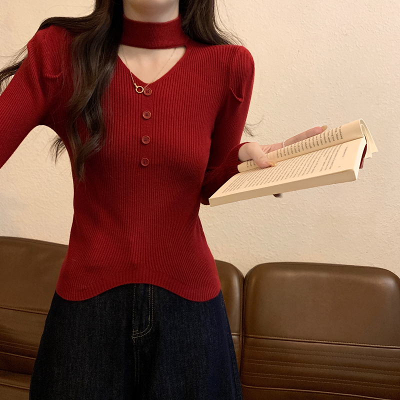 红色毛衣女半高领挂脖针织衫上衣