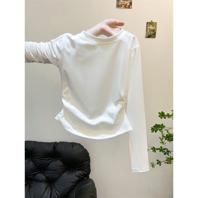小个子短款圆领白色t恤女长袖潮
