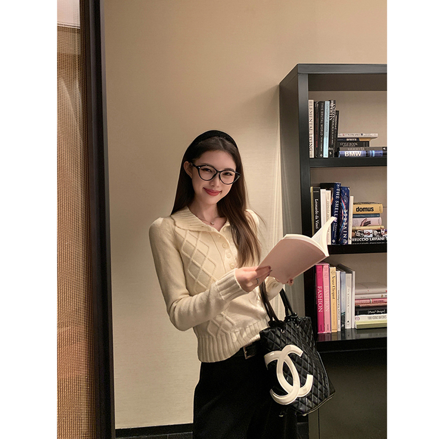 翻领Polo衫绞花毛衣女针织衫上衣