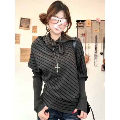 设计感小众黑灰条纹毛衣女针织衫