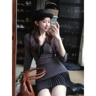 辣妹v领修身长袖打底针织衫女潮