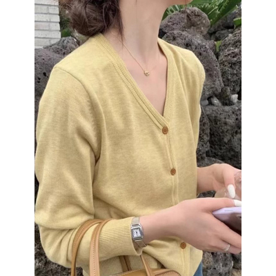 韩系黄色v领针织开衫毛衣外套女