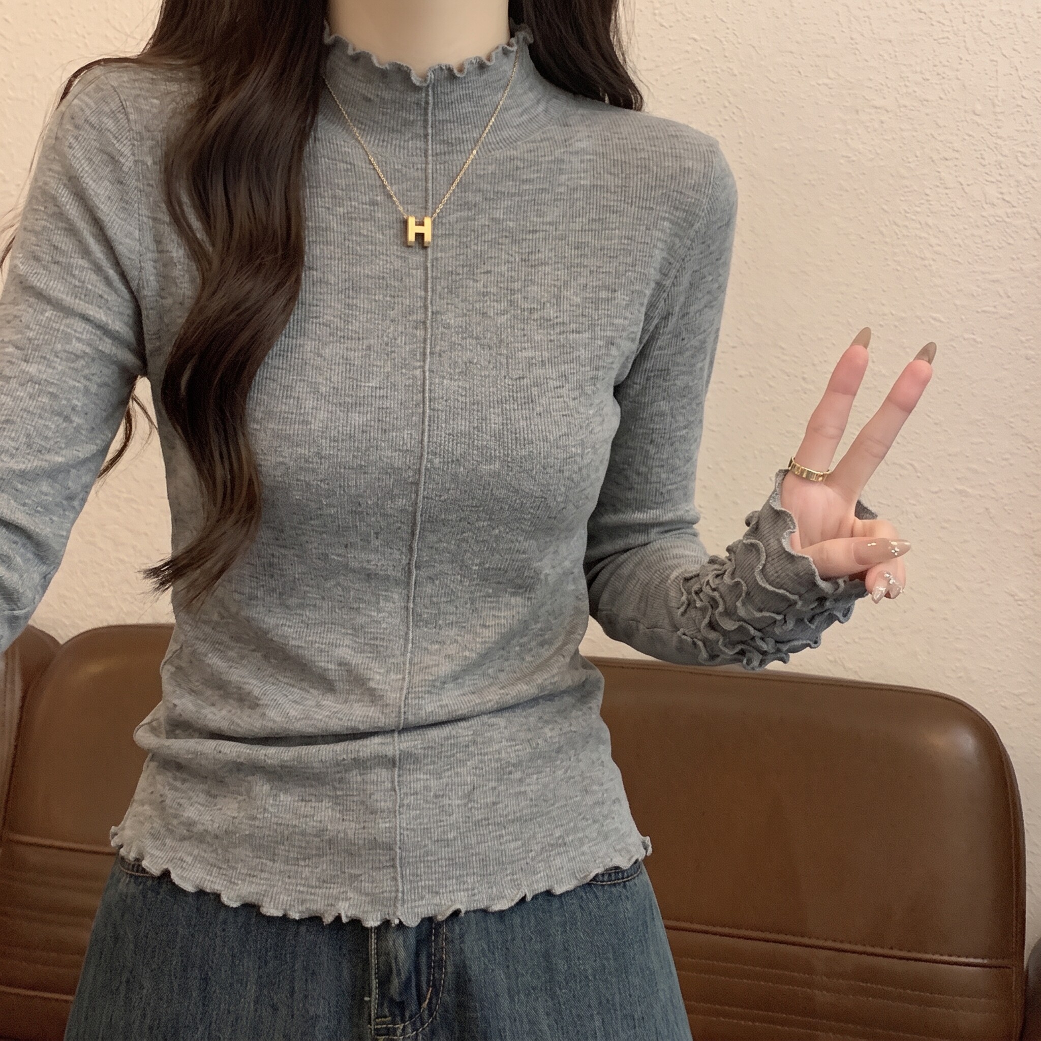 法式半高领木耳边针织衫毛衣女早春秋内搭修身显瘦长袖打底衫上衣