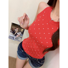 甜辣妹红色吊带背心女夏季短款小个子港味复古波点无袖遮副乳上衣