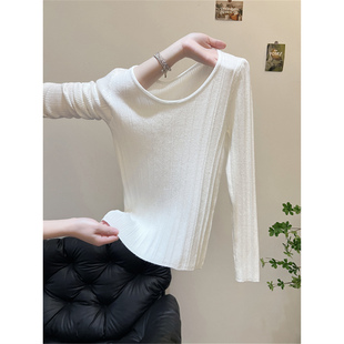 韩系白色内搭打底衫坑条针织衫上衣春秋冬百搭U领修身紧身毛衣女