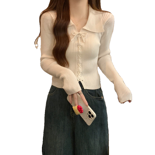 秋冬新款polo领毛衣女设计感小众修身短款内搭长袖打底针织衫上衣