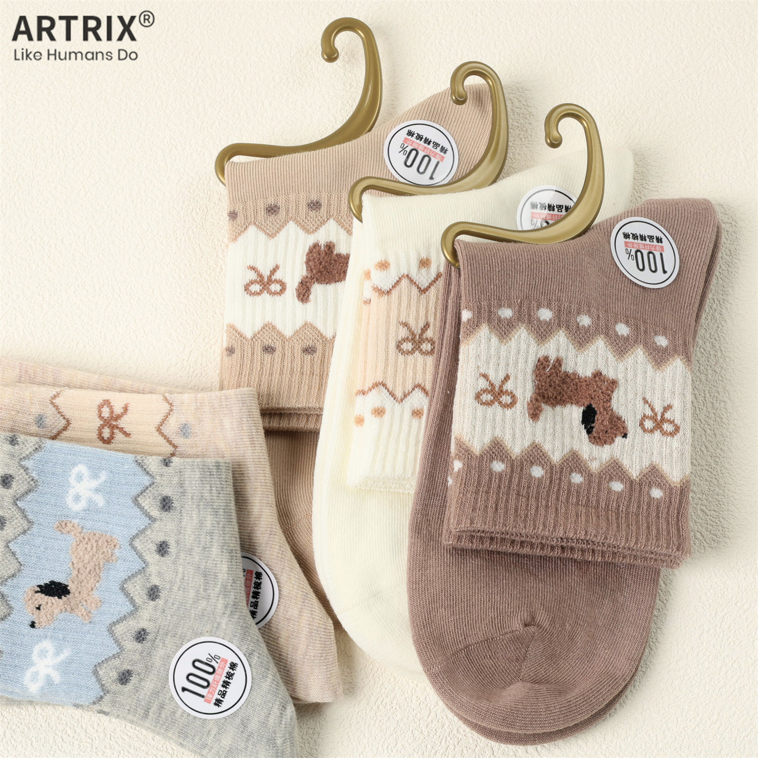 四季可穿女士费尔岛提花中筒袜精梳棉复古袜子