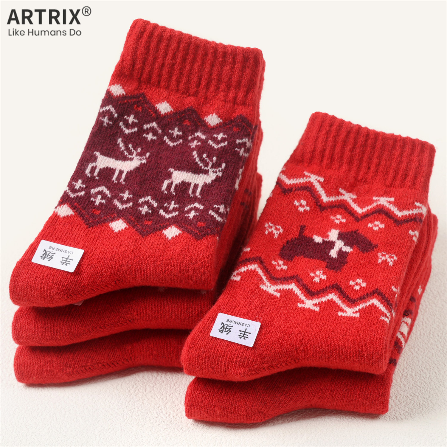 费尔岛羊毛袜女中筒袜圣诞袜保暖加厚红色针织袜冬季