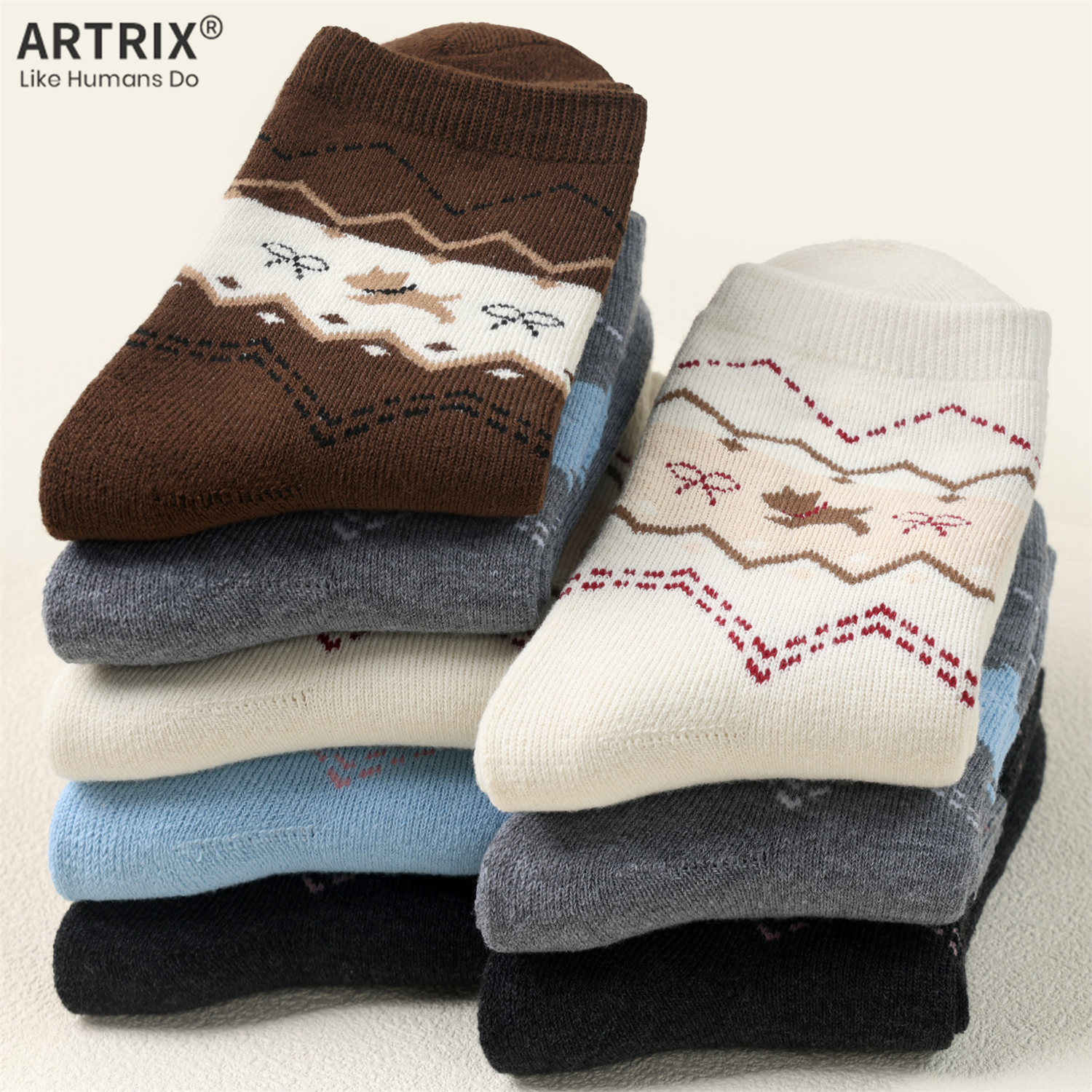 费尔岛图案毛圈中筒袜女袜秋冬加厚保暖袜子厚中筒袜2025年新款