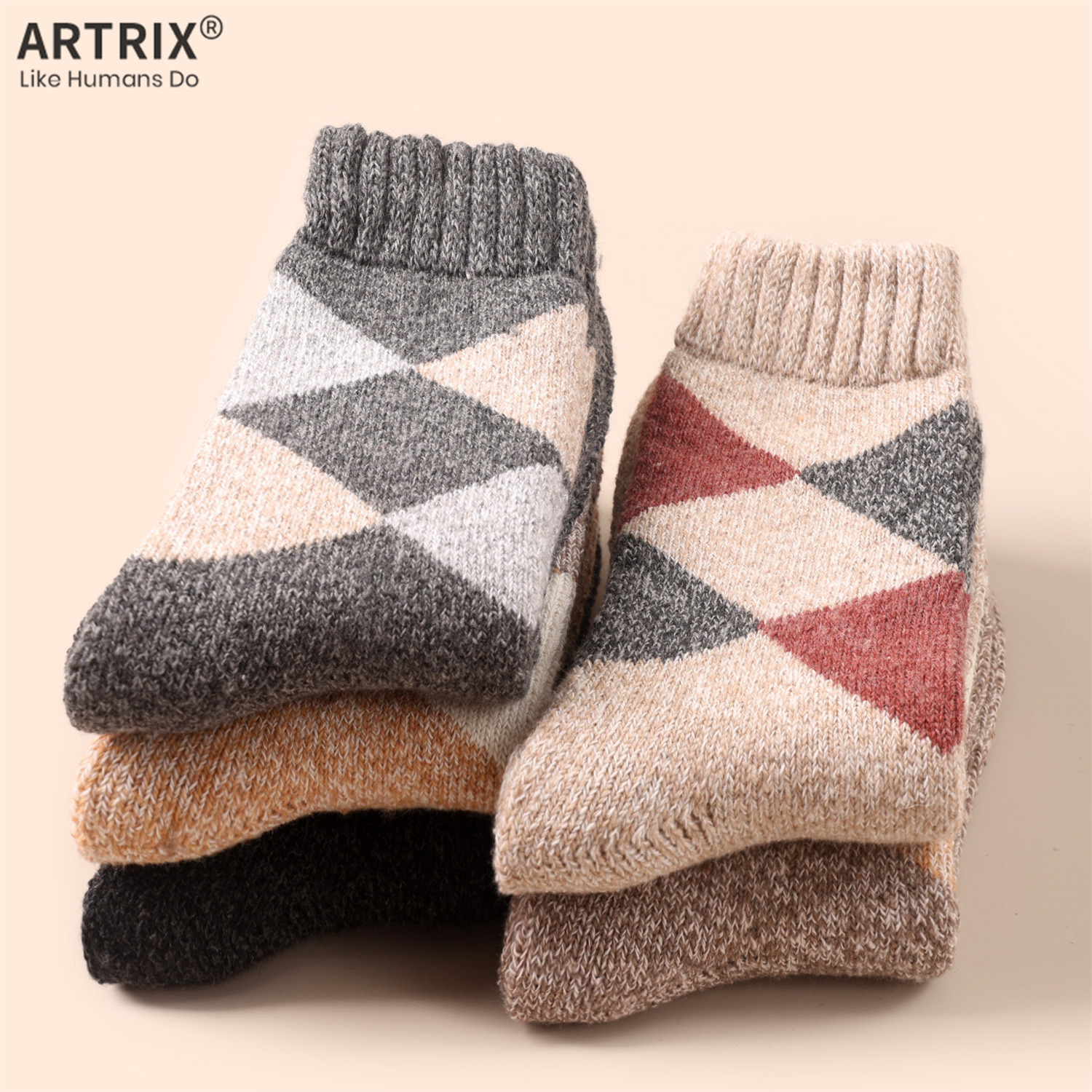 菱形羊毛袜女秋冬加厚保暖中筒袜拼色花纹厚款毛巾袜