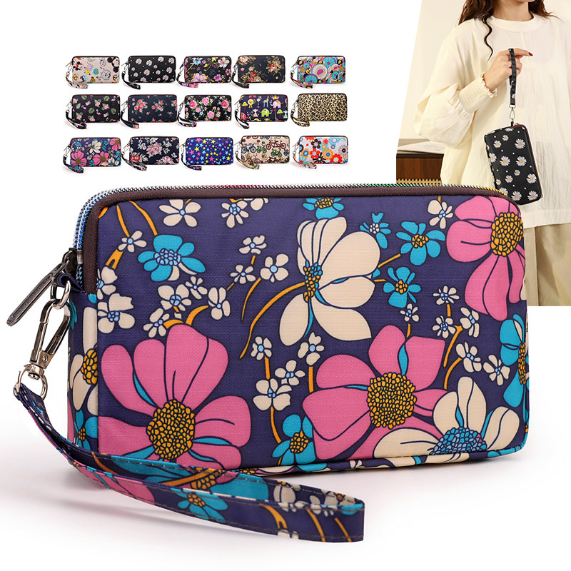 女士长款钱包大容量单层拉链日韩风零钱包植物花卉轻便设计