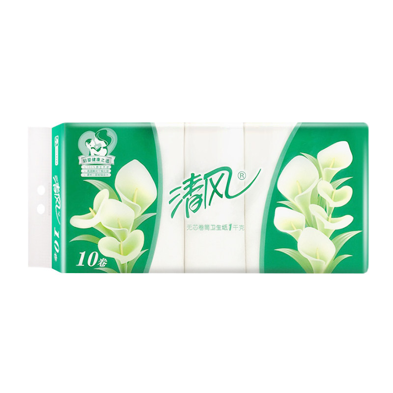 清风B01BLM马蹄莲卷纸4层10卷/提1000g无心卷筒纸卫生纸家用 1提