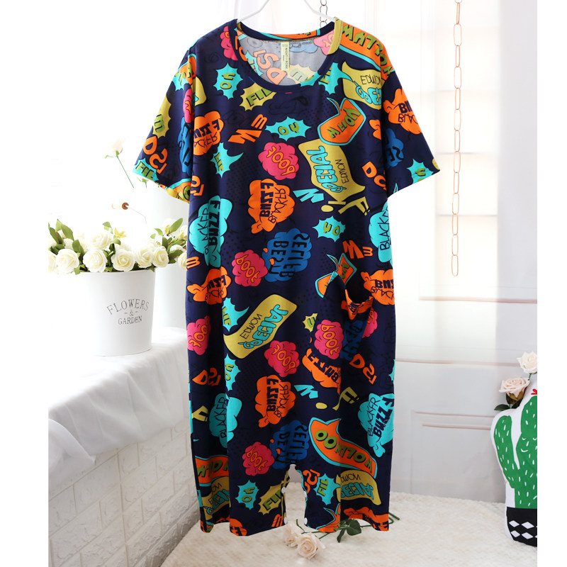 。加肥加大版短袖薄款春夏女连体睡衣裤裙宽松卡通家居服胖MM韩版