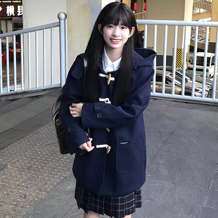 2024冬学院风牛角扣呢大衣jk外套夹棉加厚连帽中长款