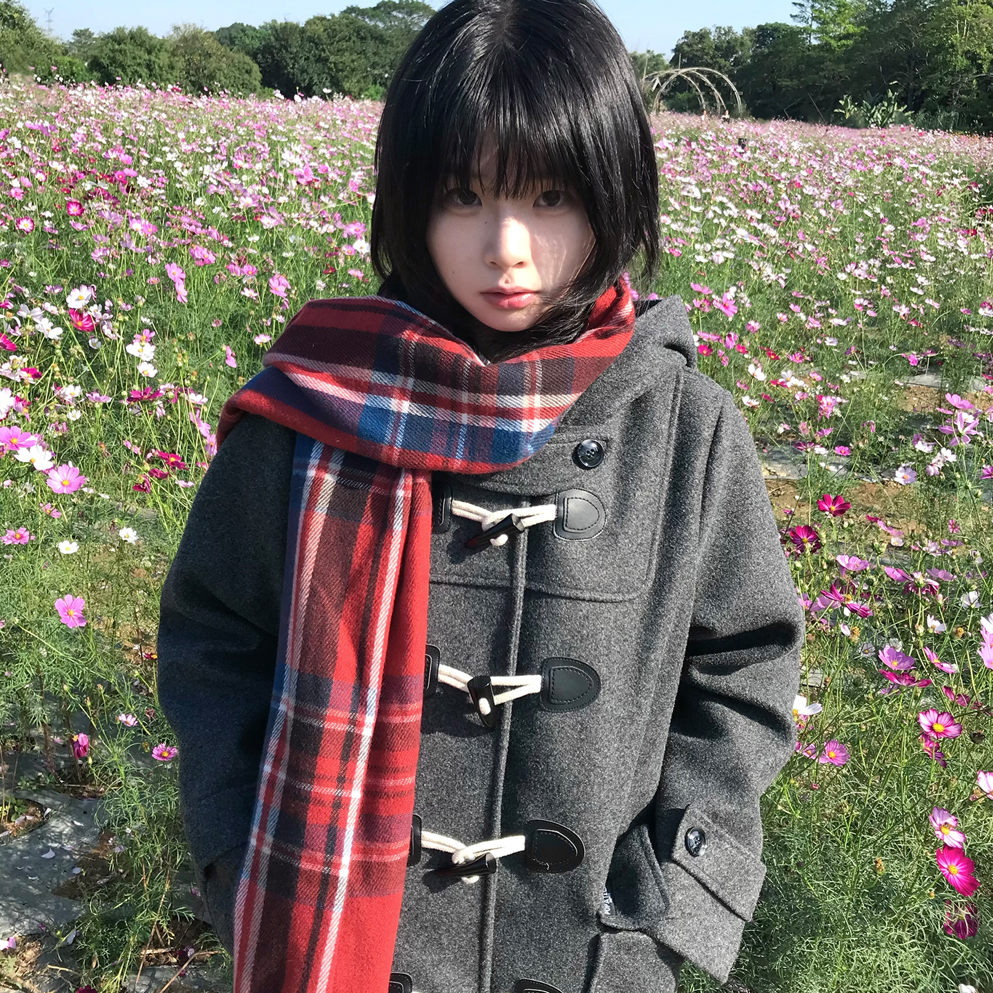 jk牛角扣大衣校供感秋冬灰色连帽