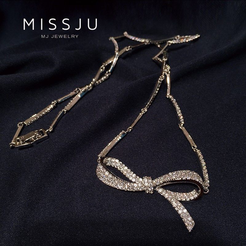 感小众名媛华丽宴会镶钻蝴蝶结项链 bling闪惹人爱颈链锁骨链