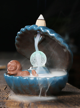 原创陶瓷工艺品家居摆件ebay 创意欧式贝壳美人鱼LED灯倒流香薰炉