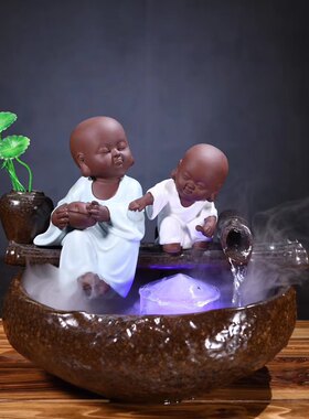 中式禅意小和尚景观喷泉流水摆件 陶瓷创意家居加湿循环抽水器