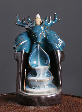 跨境 陶瓷蓝色现代欧美鹿头倒流香香炉 创意鹿头香炉家居饰品摆件