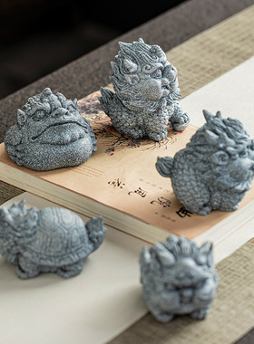 创意青砂石摆件三足招财金蟾茶宠摆件家居办公桌面小摆件国潮醒狮