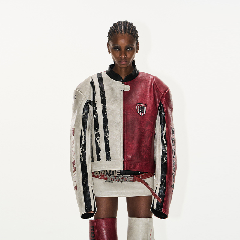 EXITMODE BY BLINDNOPLAN 25SS 做旧擦脏皮质撞色运动夹克外套