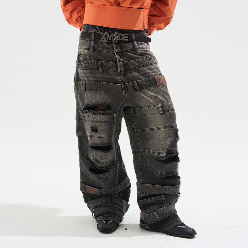 EXITMODE BY BLINDNOPLAN 25AW多层腰烟灰水洗baggy牛仔裤破洞