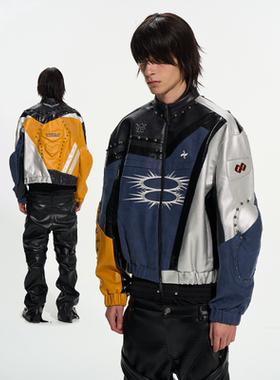 BLINDNOPLAN25AW高端系列xBLACK8重工拼色短款皮衣机车夹克外套