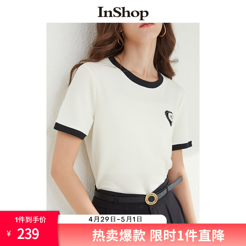 【商场同款】INSHOP夏装新短袖t恤女拼色爱心绣花针织上衣