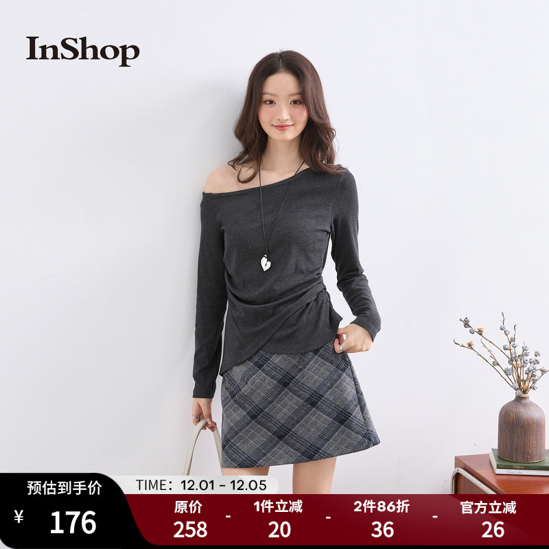 【商场同款】INSHOP新款女活力单侧漏肩t恤不规则简约长袖上衣