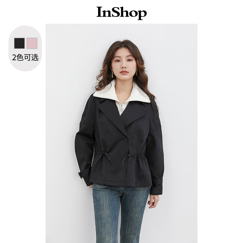 【商场同款】INSHOP新款英伦风翻领风衣外套女假两件拼接抽绳上衣