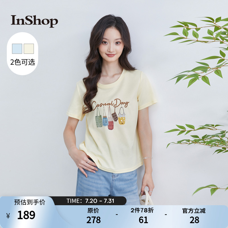 InShop【商场同款】新款清新俏皮短袖t恤女圆领百搭创意印花上衣