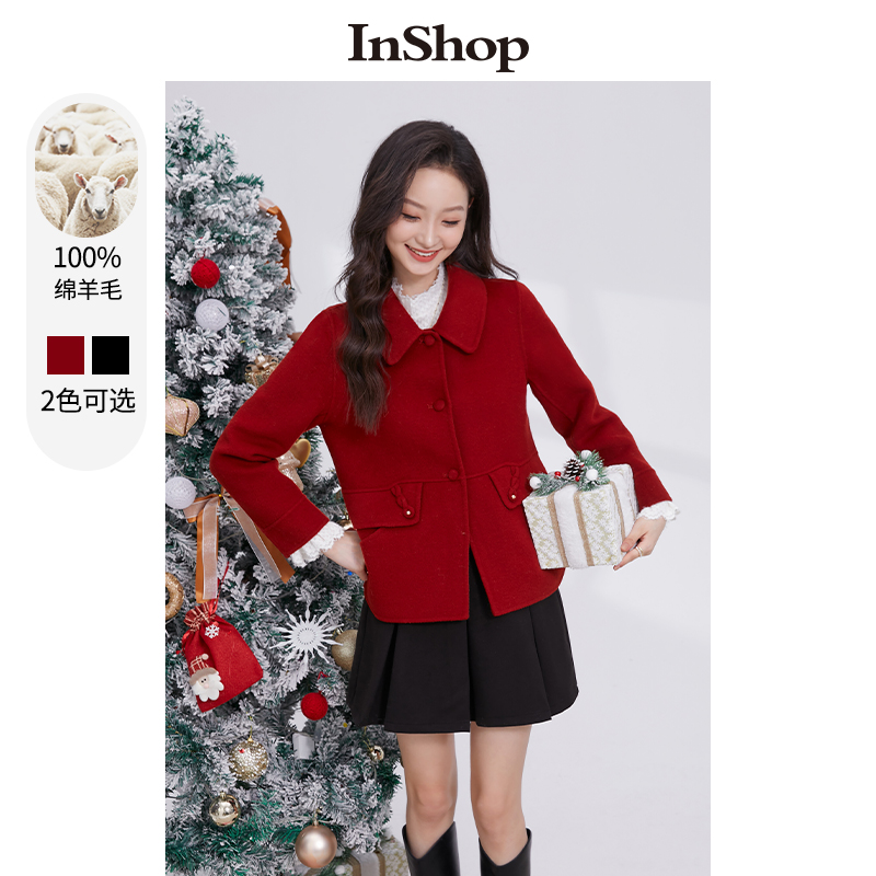 【商场同款】INSHOP新款优雅气质毛呢外套女简约翻领质感呢大衣