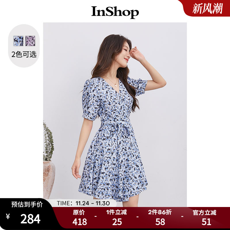 【商场同款】INSHOP新款浪漫一片式绑带连衣裙女碎花度假雪纺裙