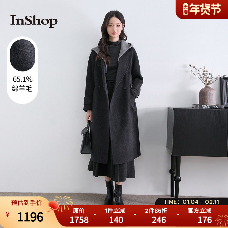 InShop【商场同款】新款女经典优雅高级感长款毛呢外套连帽腰大衣,女装/女士精品,毛呢外套,淘宝优惠券,粉丝福利购,淘宝优惠卷