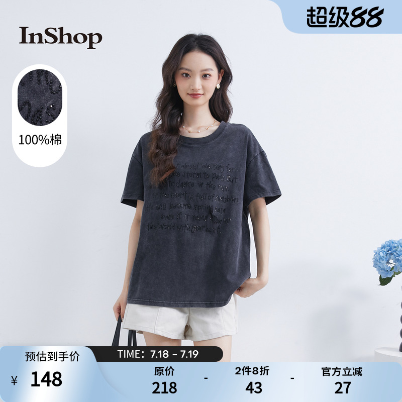 【商场同款】INSHOP新款个性烫钻宽松短袖t恤女蝴蝶结字母上衣