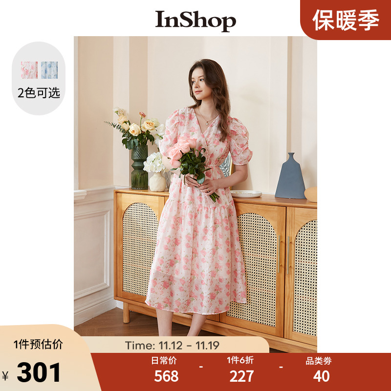 【商场同款】INSHOP2023年新女碎花连衣裙温柔风短袖雪纺长裙