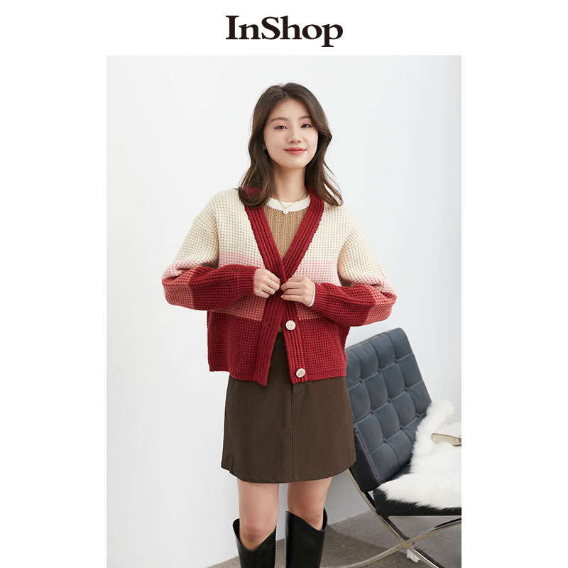 【商场同款】INSHOP新款甜美多巴胺撞色彩虹毛衣女V领层次感开衫