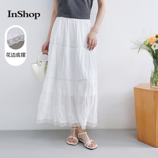 小清新纯白a字半身裙女甜美蕾丝花边长裙 商场同款 INSHOP新款