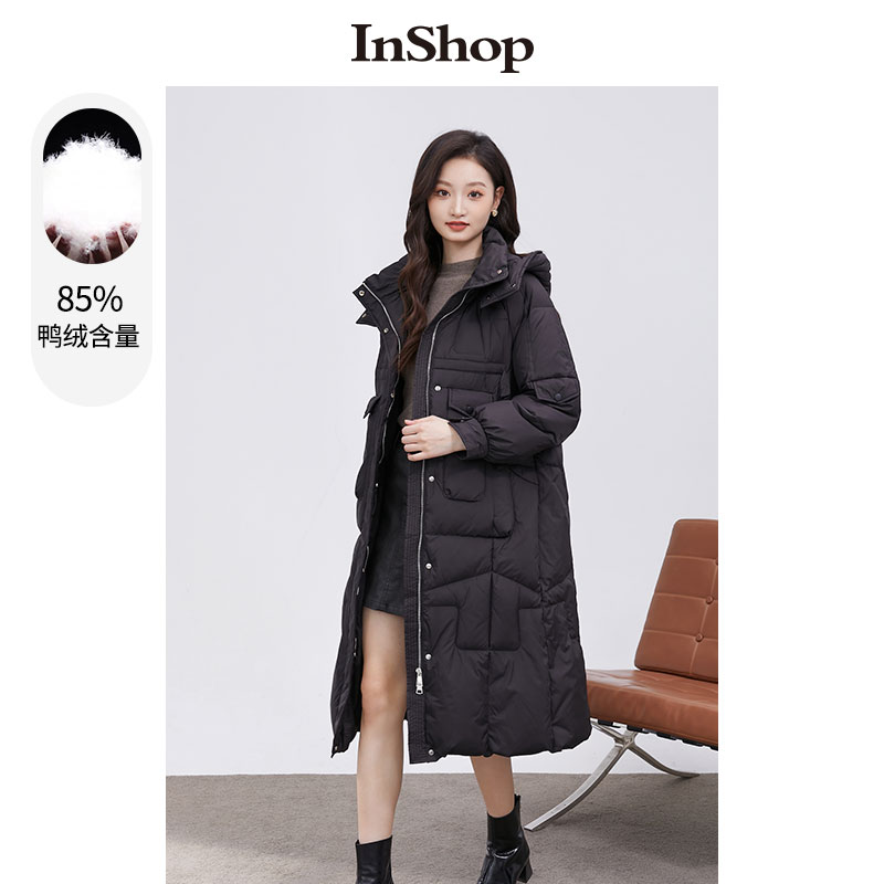 【商场同款】INSHOP新款长款过膝羽绒服女时尚保暖连帽绗缝面包服