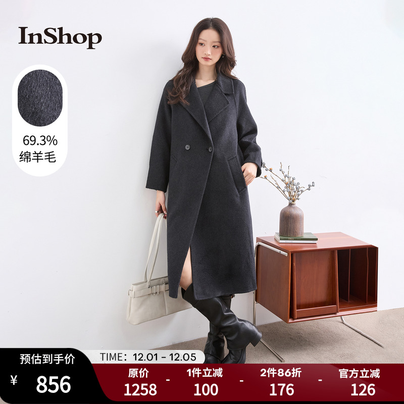 【商场同款】INSHOP新款女格雷系静奢毛呢外套袖袢戗驳领保暖大衣