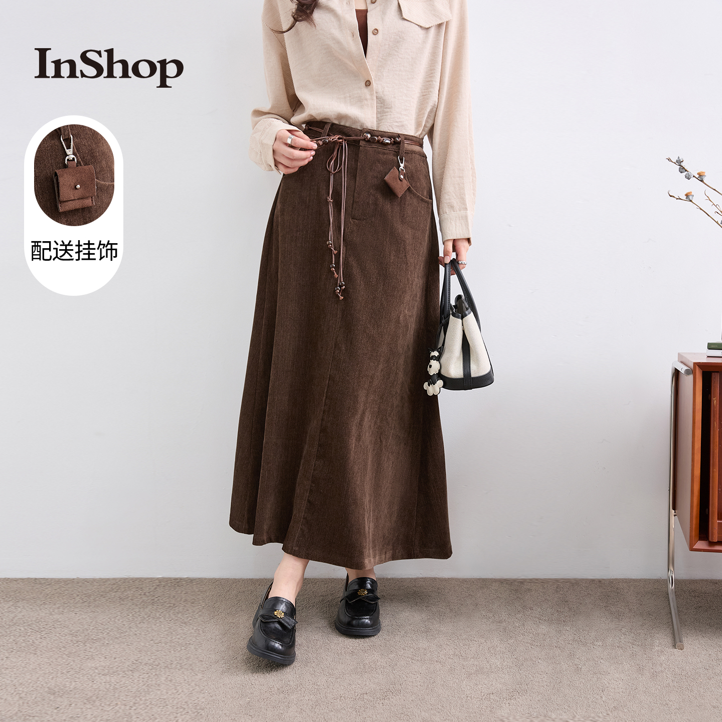 【商场同款】INSHOP新款女都市度假风a字半身裙气质百搭腰绳长裙