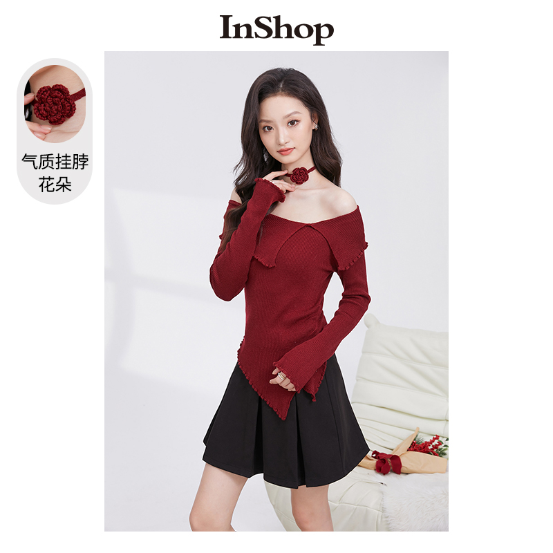 【商场同款】INSHOP新款挂脖花朵针织衫女甜辣不规则一字肩上衣