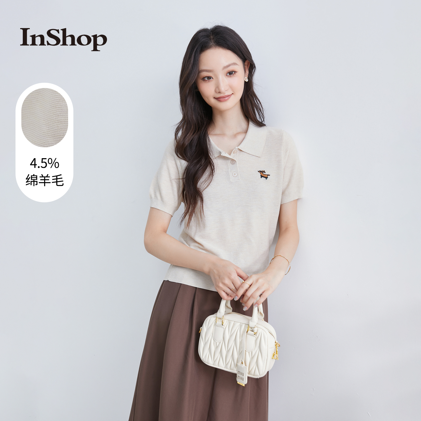【商场同款】INSHOP新款polo领针织t恤女小狗刺绣复古短袖上衣